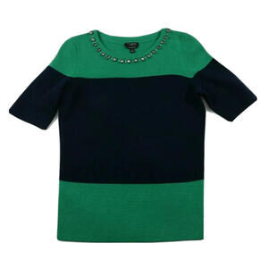 Talbots Womens Pure Merino Wool 1/2 Sleeve Scoop Neck Green Navy Sweater Size P